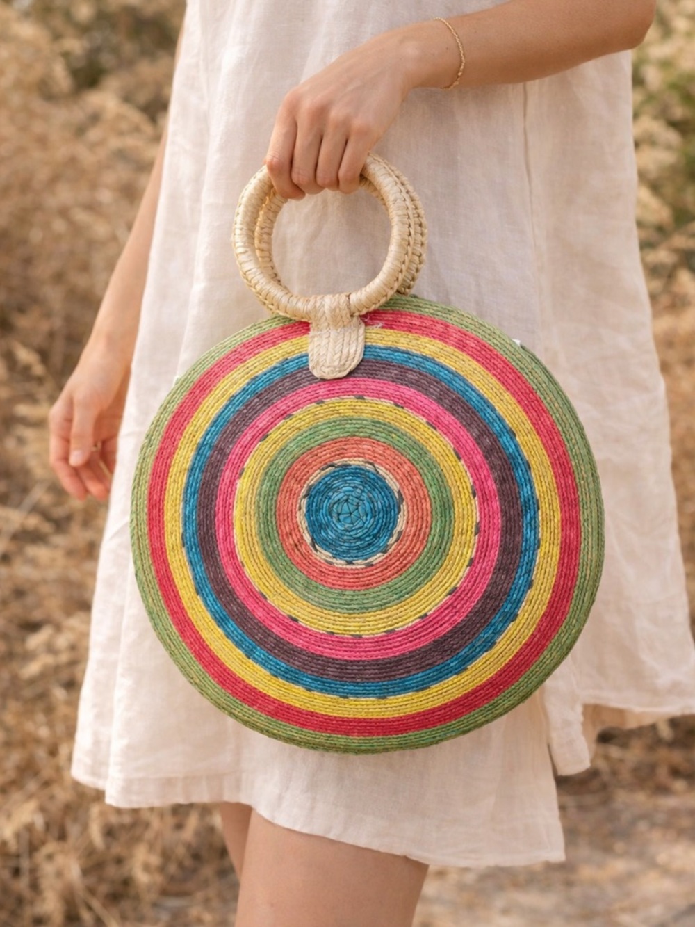 Colorful Woven Straw Circle Tote Bag Boho Rainbow Round Raffia Dopamine Beach